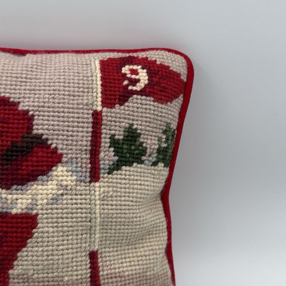 Vtg Needlepoint Pillow Santa Golfing 9" Sq Red Velvet Backing Christmas Decor - Picture 12 of 14